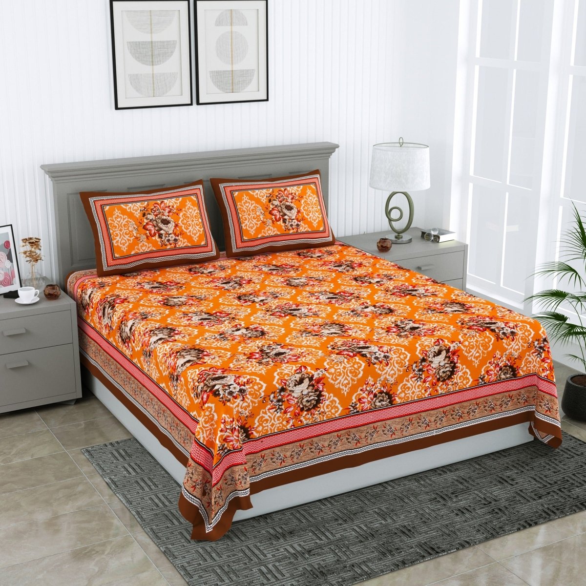 Floral Jaipuri Hand Printed Queen Size Cotton Mustard Bedsheet with Pillow Covers | Verified Sustainable by Brown Living™
