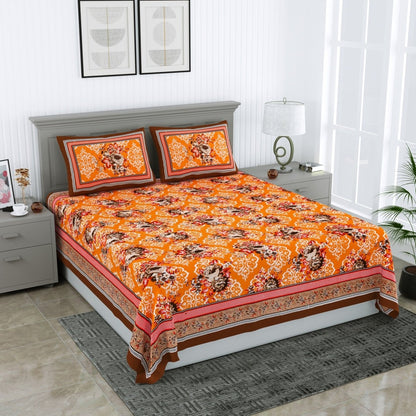 Floral Jaipuri Hand Printed Queen Size Cotton Mustard Bedsheet with Pillow Covers | Verified Sustainable by Brown Living™