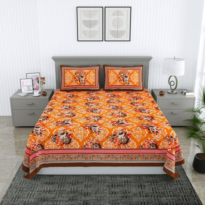 Floral Jaipuri Hand Printed Queen Size Cotton Mustard Bedsheet with Pillow Covers | Verified Sustainable by Brown Living™