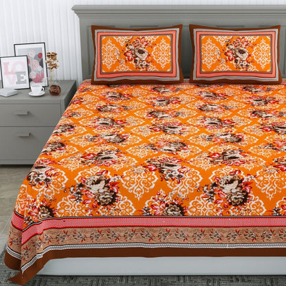 Floral Jaipuri Hand Printed Queen Size Cotton Mustard Bedsheet with Pillow Covers | Verified Sustainable by Brown Living™