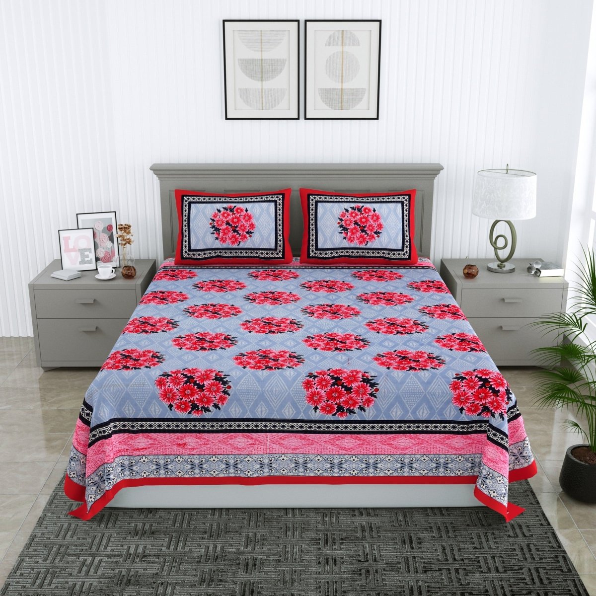 Floral Jaipuri Hand Printed Queen Size Cotton Red Bedsheet with Pillow Covers – Bed Linens by Patricko available on Brown Living™. . SKU: PP - 214. Img 5.