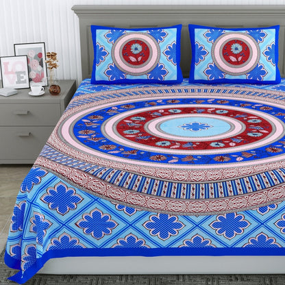 Floral Jaipuri Hand Printed Queen Size Cotton Teal Bedsheet with Pillow Covers – Bed Linens by Patricko available on Brown Living™. . SKU: PP - 224. Img 5.