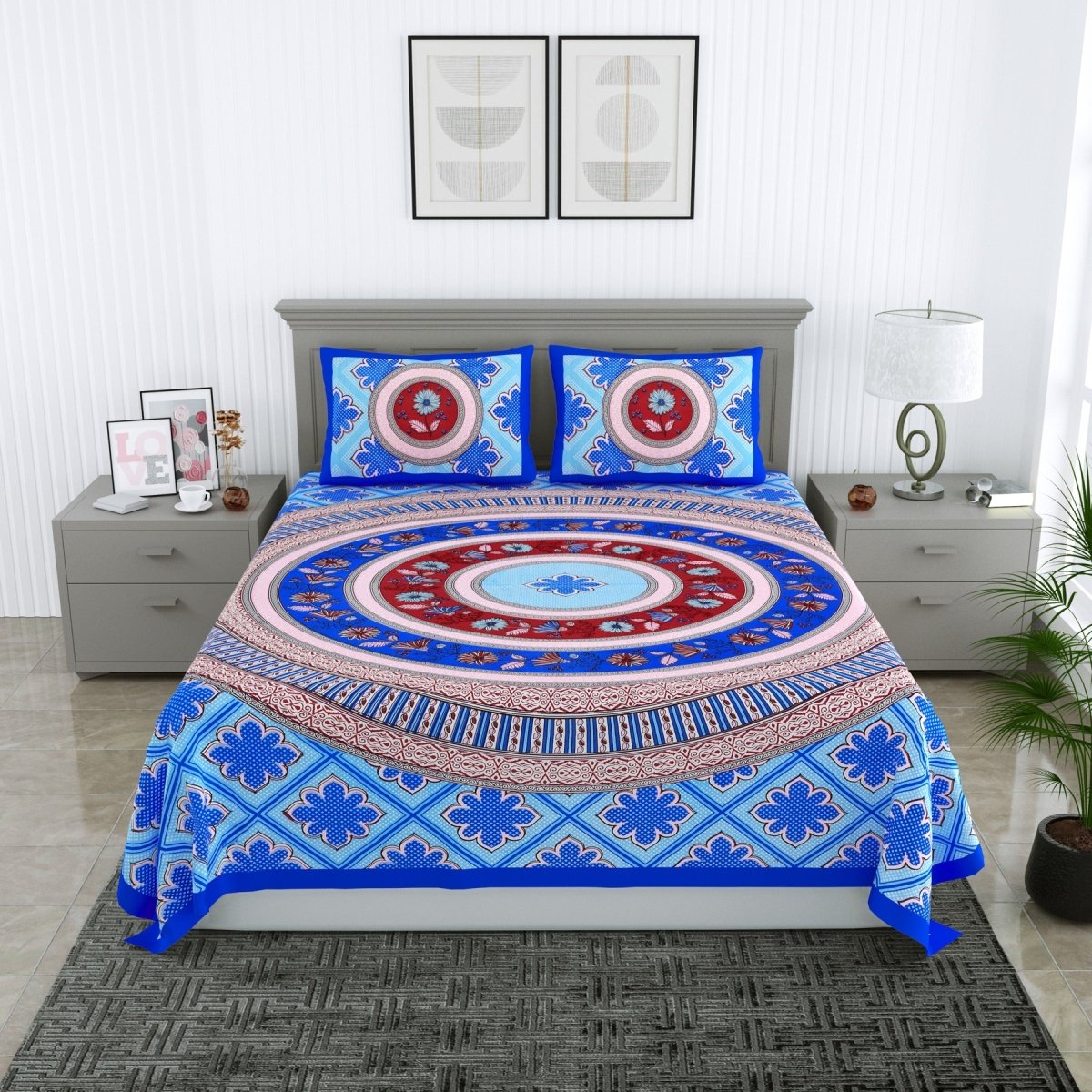 Floral Jaipuri Hand Printed Queen Size Cotton Teal Bedsheet with Pillow Covers – Bed Linens by Patricko available on Brown Living™. . SKU: PP - 224. Img 6.