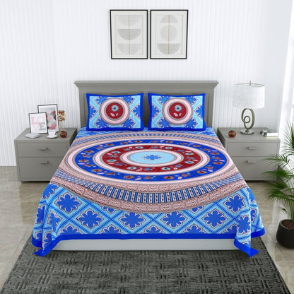 Floral Jaipuri Hand Printed Queen Size Cotton Teal Bedsheet with Pillow Covers – Bed Linens by Patricko available on Brown Living™. . SKU: PP - 224. Img 6.