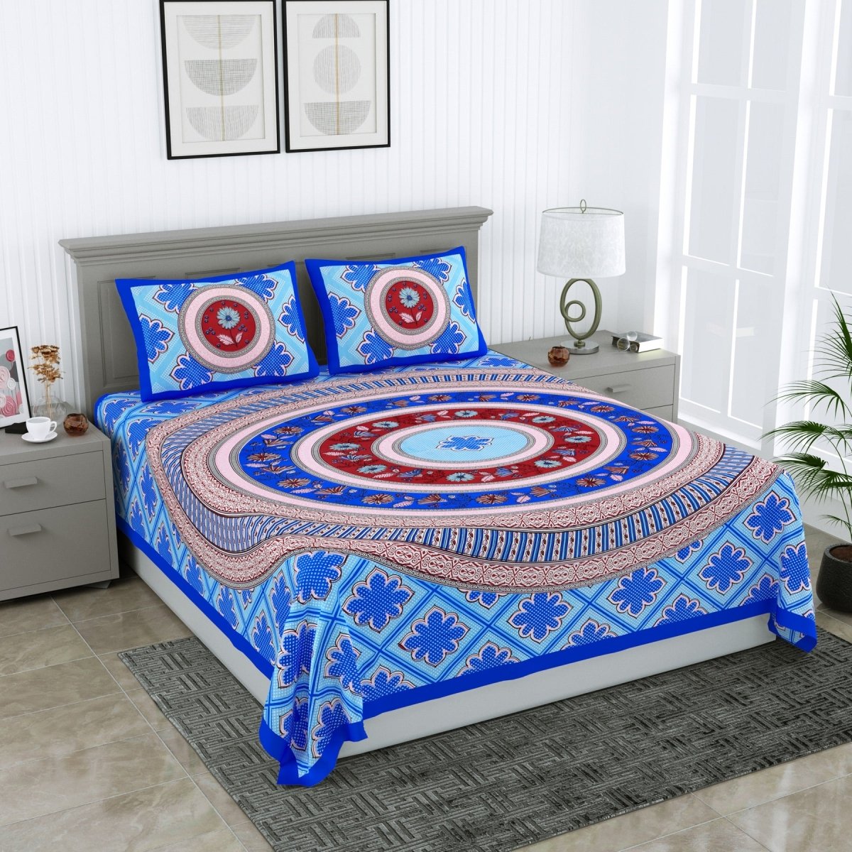 Floral Jaipuri Hand Printed Queen Size Cotton Teal Bedsheet with Pillow Covers – Bed Linens by Patricko available on Brown Living™. . SKU: PP - 224. Img 1.
