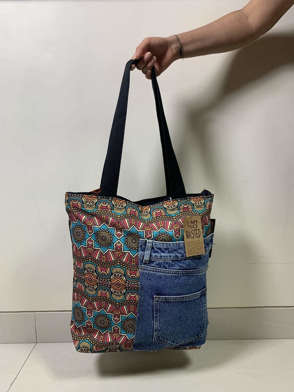 Buy Floral Upcycled Denim Printed Tote | Shop Verified Sustainable Tote Bag on Brown Living™