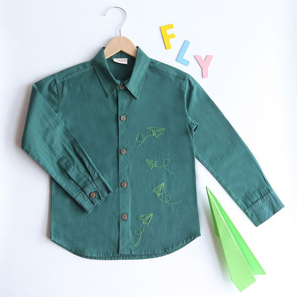Buy Fly High Embroidered Formal Shirt - Bottle Green | Shop Verified Sustainable Kids Shirts on Brown Living™