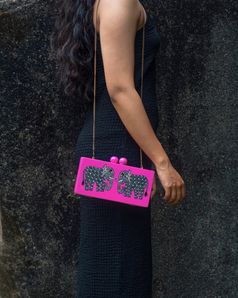 Fuchsia Haathi Hand Painted Womens Wooden Clutch | Verified Sustainable by Brown Living™