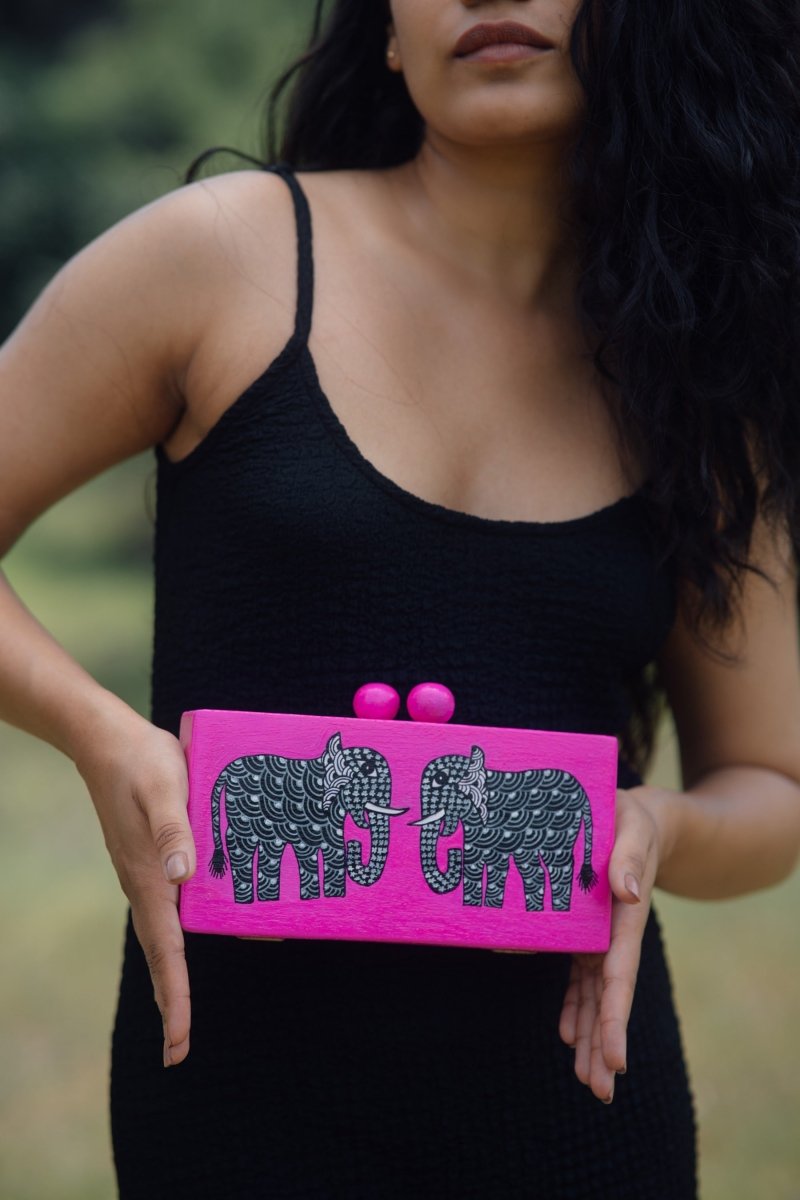 Fuchsia Haathi Hand Painted Womens Wooden Clutch | Verified Sustainable by Brown Living™