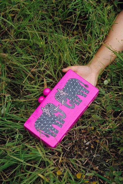 Fuchsia Haathi Hand Painted Womens Wooden Clutch | Verified Sustainable by Brown Living™