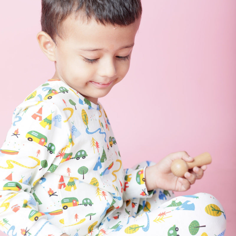 Full Sleeve Cotton Nightsuit- Happy Camping | Verified Sustainable Kids Nightwear on Brown Living™