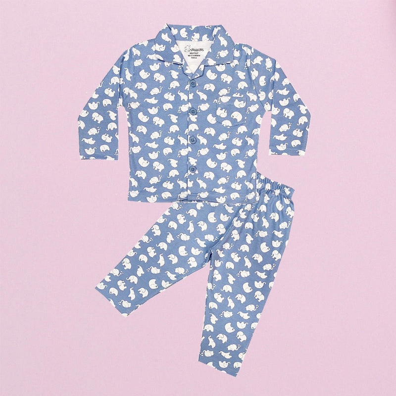 Buy Elephant Light Blue Full Sleeves Printed Night Suit Baby/Kids | Shop Verified Sustainable Kids Nightwear on Brown Living™