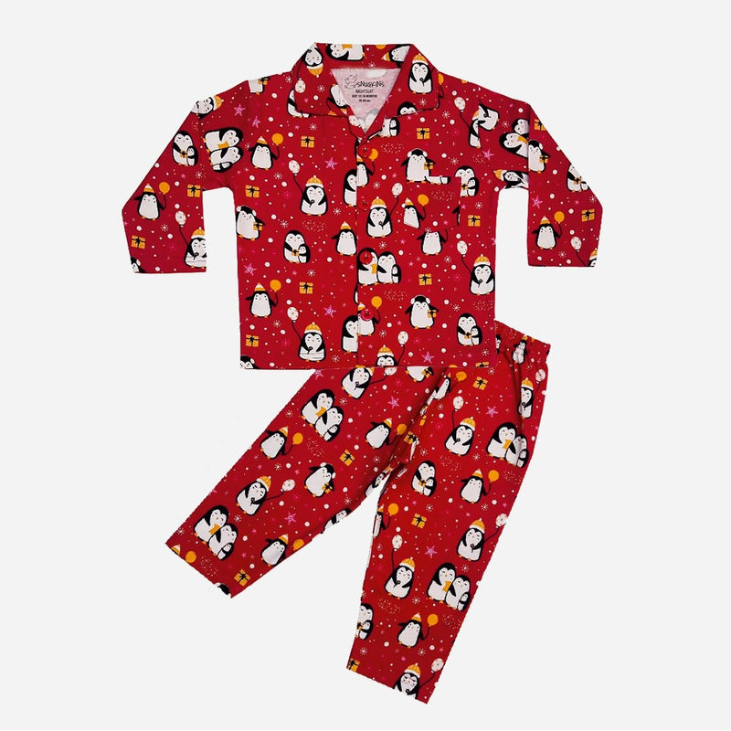 Buy Penguin Dark Red Full Sleeves Printed Night Suit Baby/Kids | Shop Verified Sustainable Kids Nightwear on Brown Living™