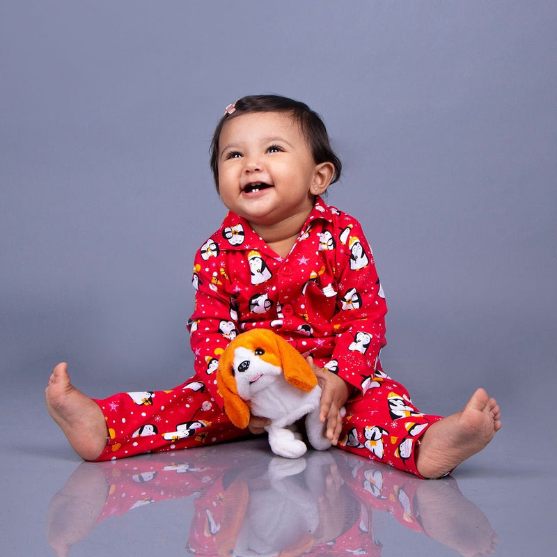 Buy Penguin Dark Red Full Sleeves Printed Night Suit Baby/Kids | Shop Verified Sustainable Kids Nightwear on Brown Living™