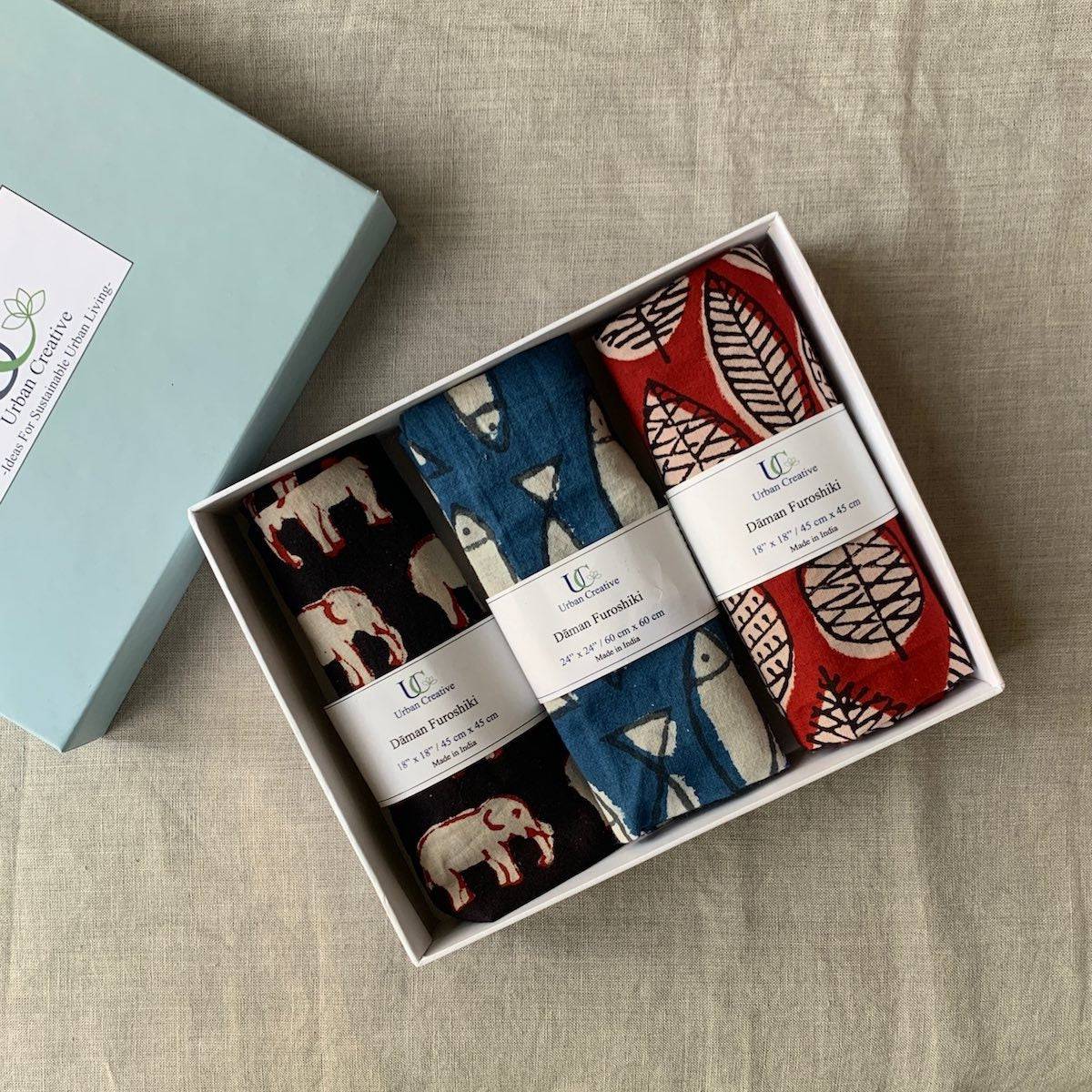 Furoshiki Fabric Gift Wraps in 100% cotton - Assorted Set of 3 | Verified Sustainable by Brown Living™