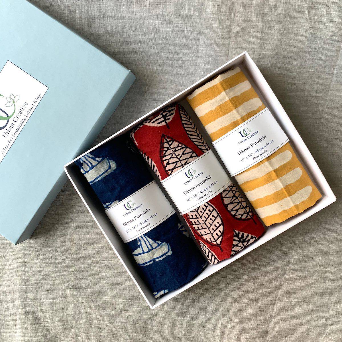 Furoshiki Fabric Gift Wraps in 100% cotton - Assorted Set of 3 | Verified Sustainable by Brown Living™