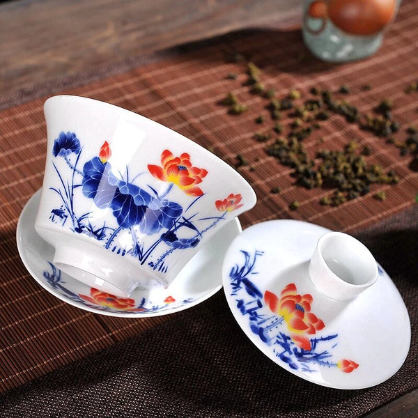 Buy Gaiwan- The Brewing Cup With Saucer in Blue Daisy Print | Shop Verified Sustainable Beverage Accessories on Brown Living™
