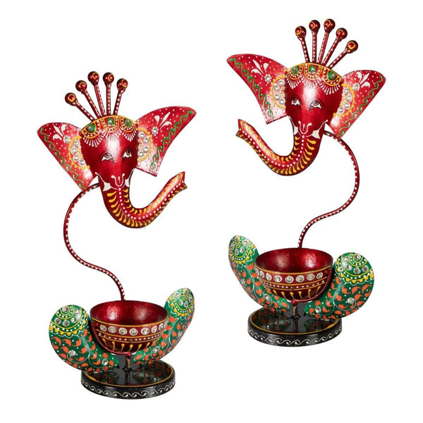 Buy Ganesha Handcrafted Metallic Tea Light Holder Set - Auspicious Red-T-Light Set of 2 | Shop Verified Sustainable Pooja Needs on Brown Living™