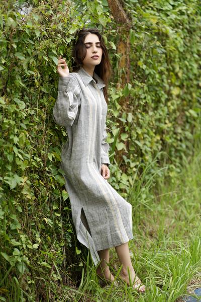 Gayatri Dress - Blue + White Closely Placed Stripes | Verified Sustainable by Brown Living™