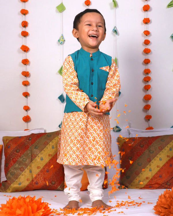 Buy Genda Kurta with Churidaar & Ambar Nehru Jacket | Shop Verified Sustainable Kids Ethnic Sets on Brown Living™