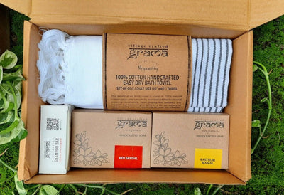Gift Pack - Set of 2 Soaps + 1 Shampoo Bar of your Choice +100% Cotton Handloom Bath Towel – Shaving Soap on Brown Living™. SKU: 248 - 10807 - GMA_GIFT_PACK01. Img 1.