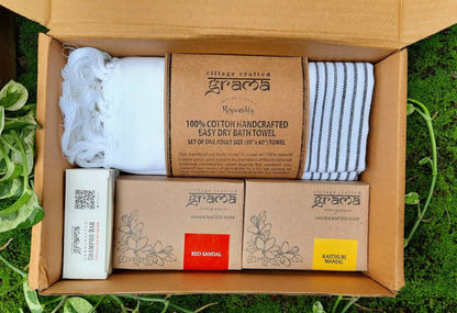 Gift Pack  - Set of 2 Soaps + a Shampoo Bar of your Choice +100% Cotton Handloom Bath Towel | Shop Shaving Soap on Brown Living