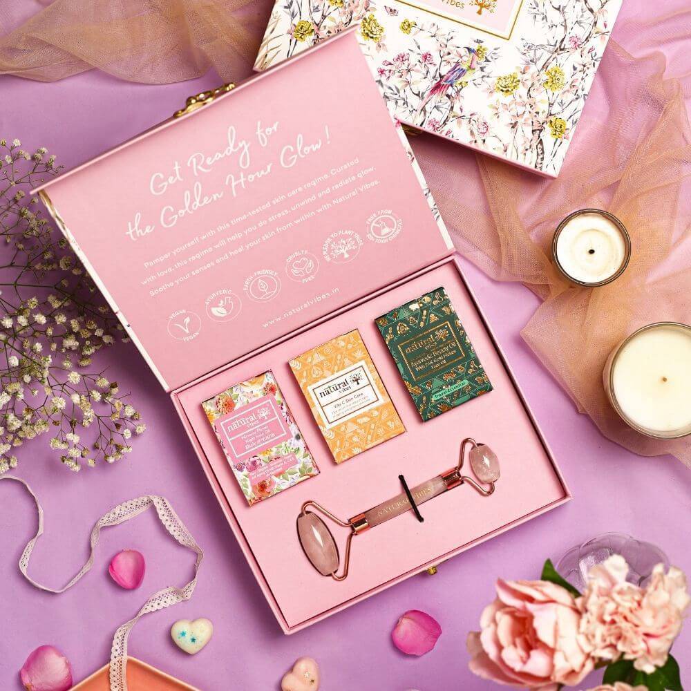 Gift Set Rose Quartz Face Roller – Massager by Natural Vibes available on Brown Living™. . SKU: 063 - 11073 - NV_gift_rose_roller_oils. Img 1.