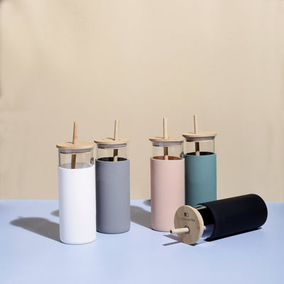 Glass Sipper With Bamboo Lid & Straw | Tumbler With Sleeve | Glass Water Bottle – Bottles & Sippers on Brown Living™. SKU: TBB - 95. Img 1.