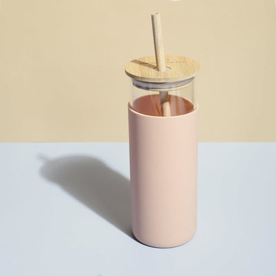 Glass Sipper With Bamboo Lid & Straw | Tumbler With Sleeve | Glass Water Bottle – Bottles & Sippers on Brown Living™. SKU: TBB - 97. Img 5.