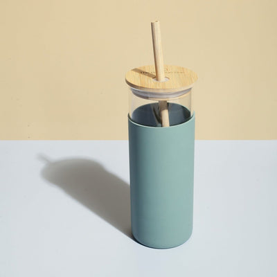 Glass Sipper With Bamboo Lid & Straw | Tumbler With Sleeve | Glass Water Bottle – Bottles & Sippers on Brown Living™. SKU: TBB - 98. Img 6.