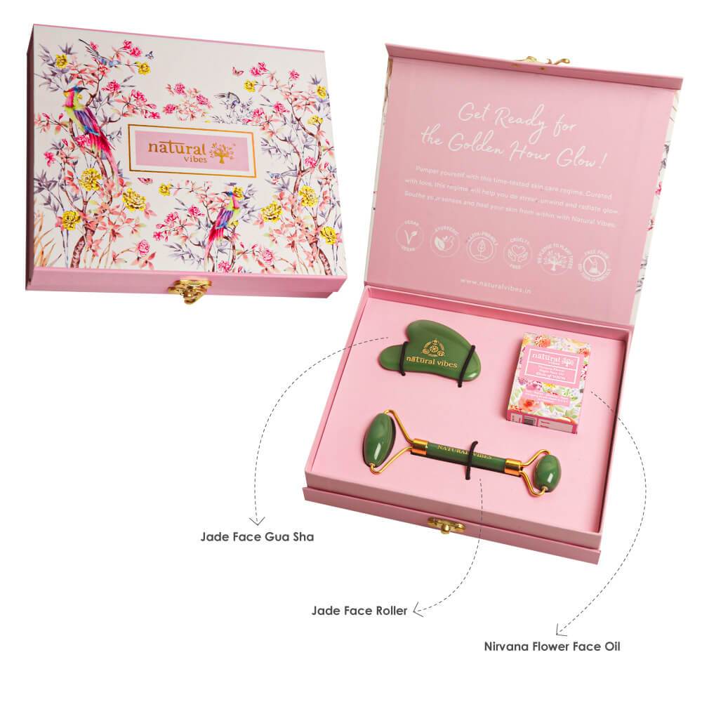 Glow Getter Gift Set - Jade Face Roller, Gua Sha, Nirvana Flower Oil – Massager by Natural Vibes available on Brown Living™. . SKU: 063 - 11074 - NV_gift_jade_toolcombo_oil. Img 4.