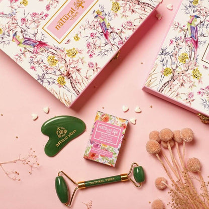 Glow Getter Gift Set - Jade Face Roller, Gua Sha, Nirvana Flower Oil – Massager by Natural Vibes available on Brown Living™. . SKU: 063 - 11074 - NV_gift_jade_toolcombo_oil. Img 3.