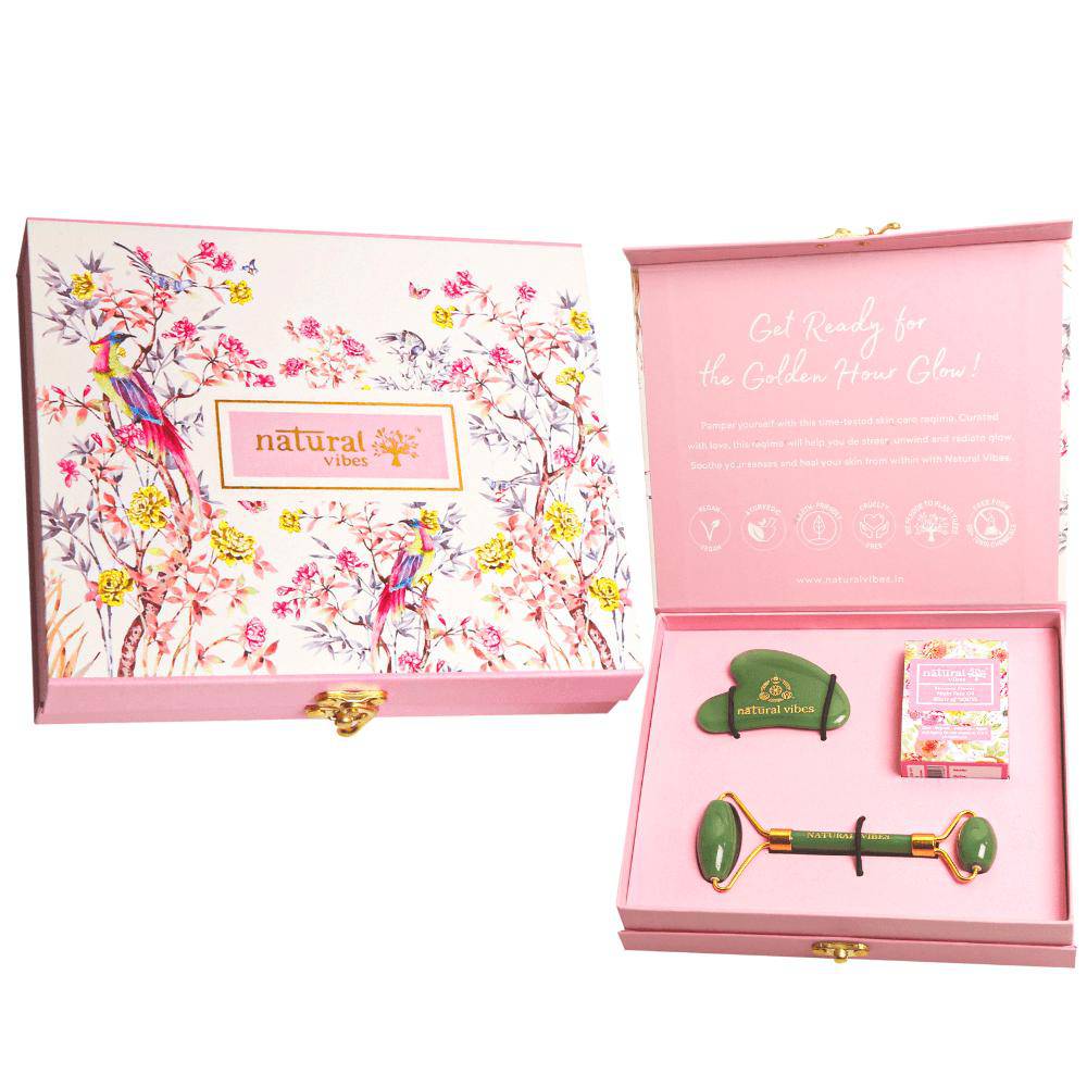 Glow Getter Gift Set - Jade Face Roller, Gua Sha, Nirvana Flower Oil – Massager by Natural Vibes available on Brown Living™. . SKU: 063 - 11074 - NV_gift_jade_toolcombo_oil. Img 1.