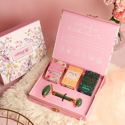 Glow Getter Gift Set with Jade Face Roller – Massager by Natural Vibes available on Brown Living™. . SKU: 063 - 08508 - NV_gift_jade_roller_oils. Img 1.