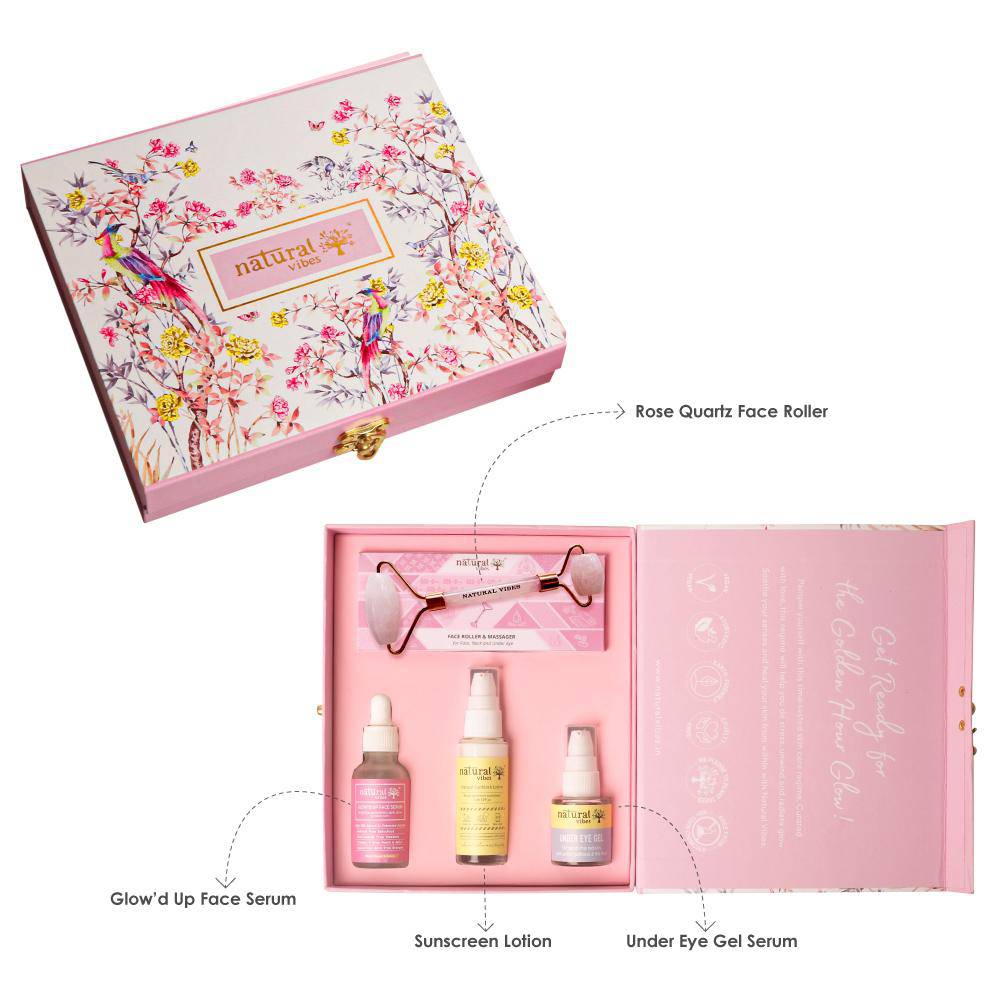 Glow Getter Gift Set with Rose Quartz Face Roller – Face Serum by Natural Vibes available on Brown Living™. . SKU: 063 - 15781 - NV_gift_skin_roller. Img 2.