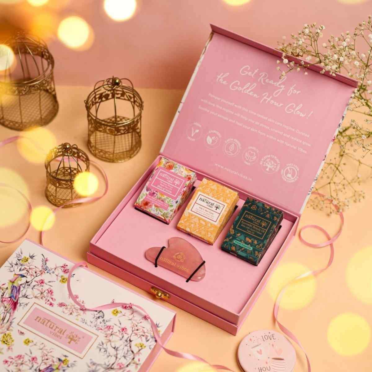 Glow Getter Gift Set with Rose Quartz Gua Sha – Massager by Natural Vibes available on Brown Living™. . SKU: 063 - 08507 - NV_gift_rose_guasha_oils. Img 4.