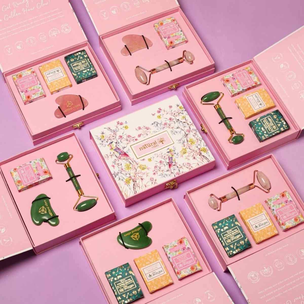 Glow Getter Gift Set with Rose Quartz Gua Sha – Massager by Natural Vibes available on Brown Living™. . SKU: 063 - 08507 - NV_gift_rose_guasha_oils. Img 2.