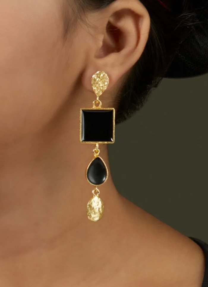 Buy Gold Plated Brass Earrings with Black Enamelling | Shop Verified Sustainable Products on Brown Living