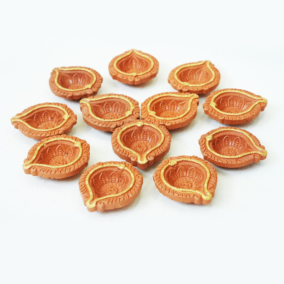 Golden Ring Motiff Diwali Diya (Bankura1) - Set of 12 Diyas & Cotton Wicks | Verified Sustainable by Brown Living™