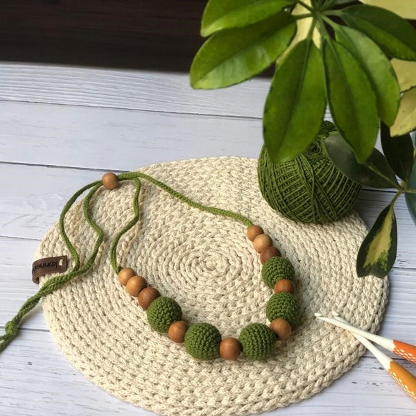 Buy Green and Brown pure cotton Crochet Beaded choker Necklace | Shop Verified Sustainable Womens Necklaces on Brown Living™