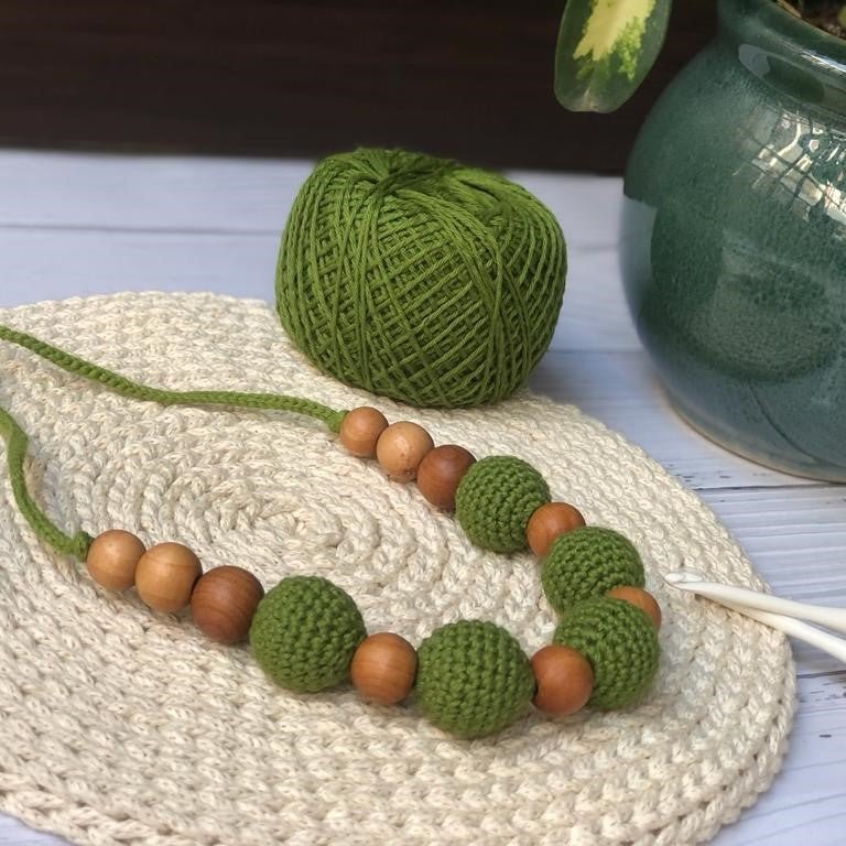 Buy Green and Brown pure cotton Crochet Beaded choker Necklace | Shop Verified Sustainable Womens Necklaces on Brown Living™