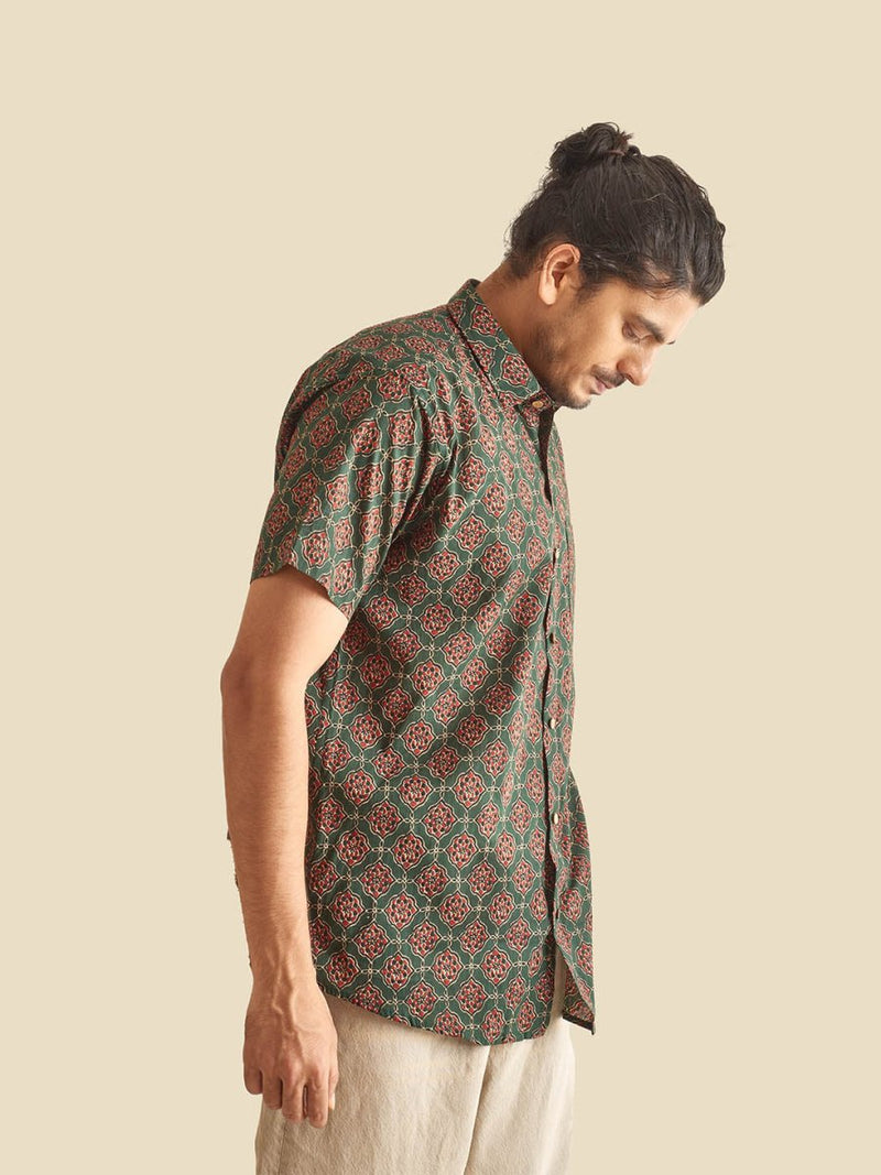 Buy Green Ethnic Printed Festive Halfsleeves Cotton Shirt | Shop Verified Sustainable Mens Shirt on Brown Living™