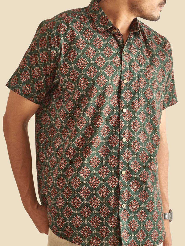 Buy Green Ethnic Printed Festive Halfsleeves Cotton Shirt | Shop Verified Sustainable Mens Shirt on Brown Living™