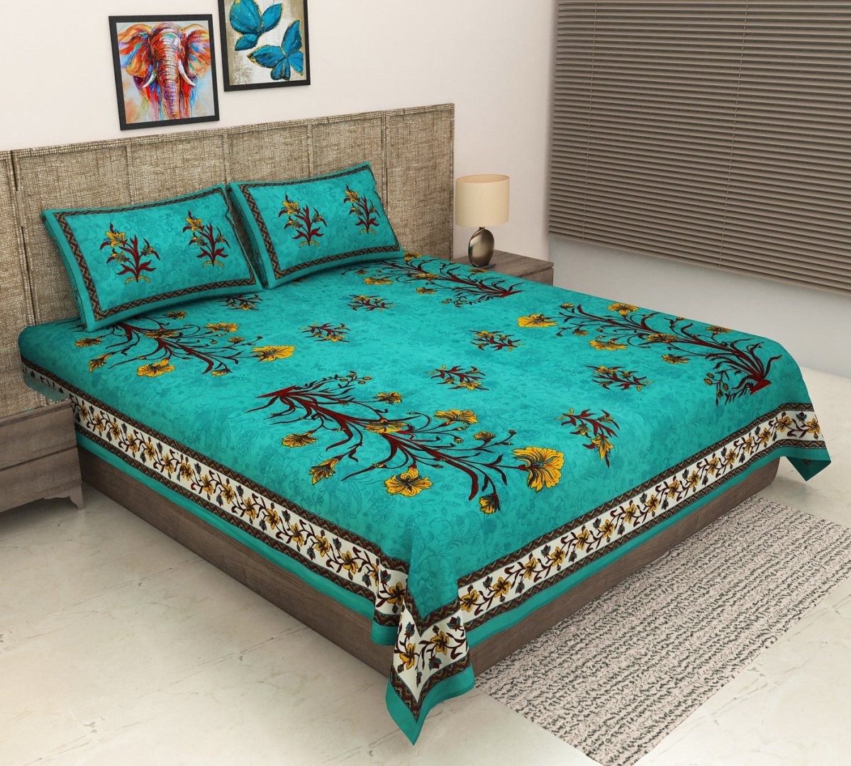 Hand Block Floral Print Pure Cotton King Size Bedsheet with 2 Pillow Covers | Verified Sustainable by Brown Living™