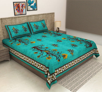 Hand Block Floral Print Pure Cotton King Size Bedsheet with 2 Pillow Covers | Verified Sustainable by Brown Living™