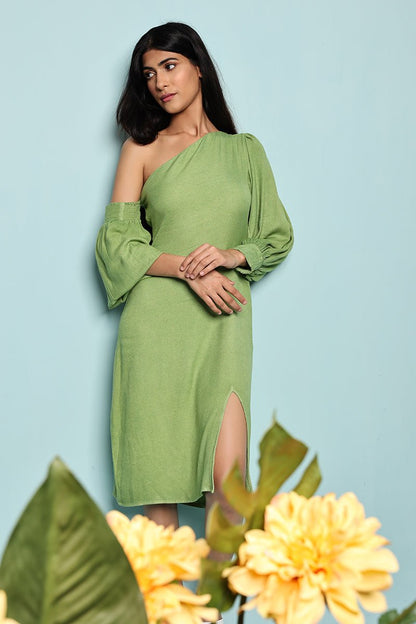 Green One Shoulder Slit Dress | Made with FSC certified sustainable moss crepe | Verified Sustainable by Brown Living™