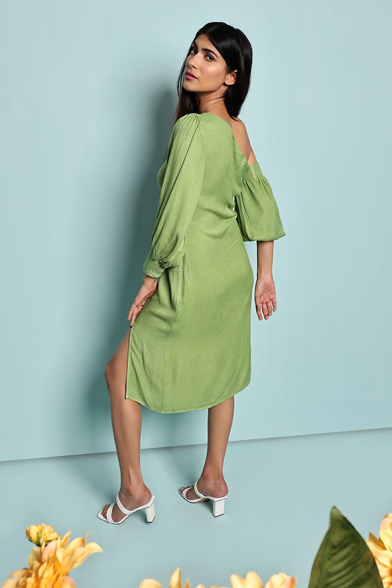 Buy Green One Shoulder Slit Dress | Made with FSC certified sustainable moss crepe | Shop Verified Sustainable Products on Brown Living