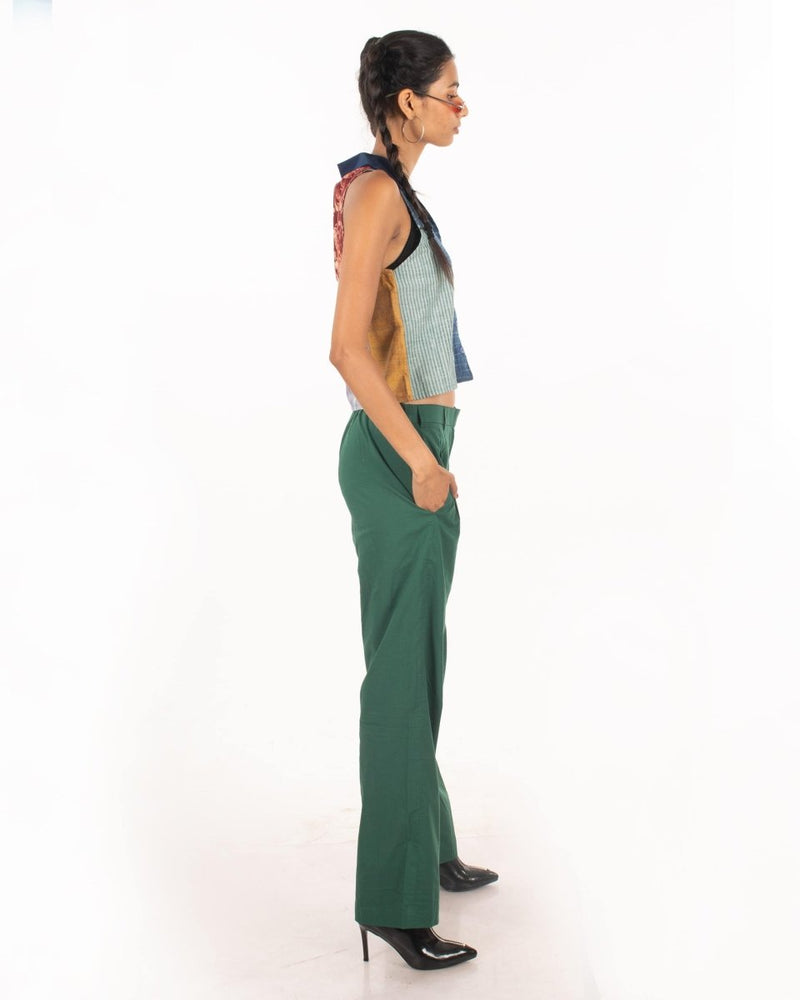 Buy Green tea cotton Pleated trousers | Shop Verified Sustainable Products on Brown Living