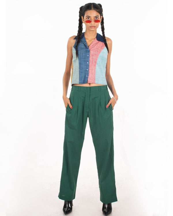 Buy Green tea cotton Pleated trousers | Shop Verified Sustainable Womens Trousers on Brown Living™