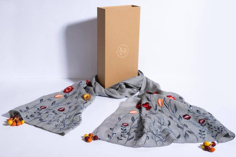 Buy Grey Linen Scarf With Embroidered Florals And Handmade Tassels | Shop Verified Sustainable Womens Scarf on Brown Living™